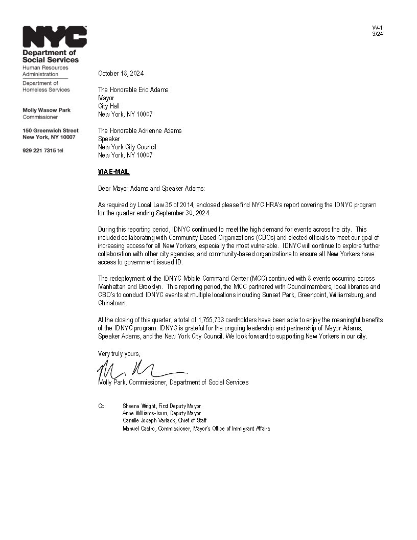 IDNYC Quarterly Report first page preview