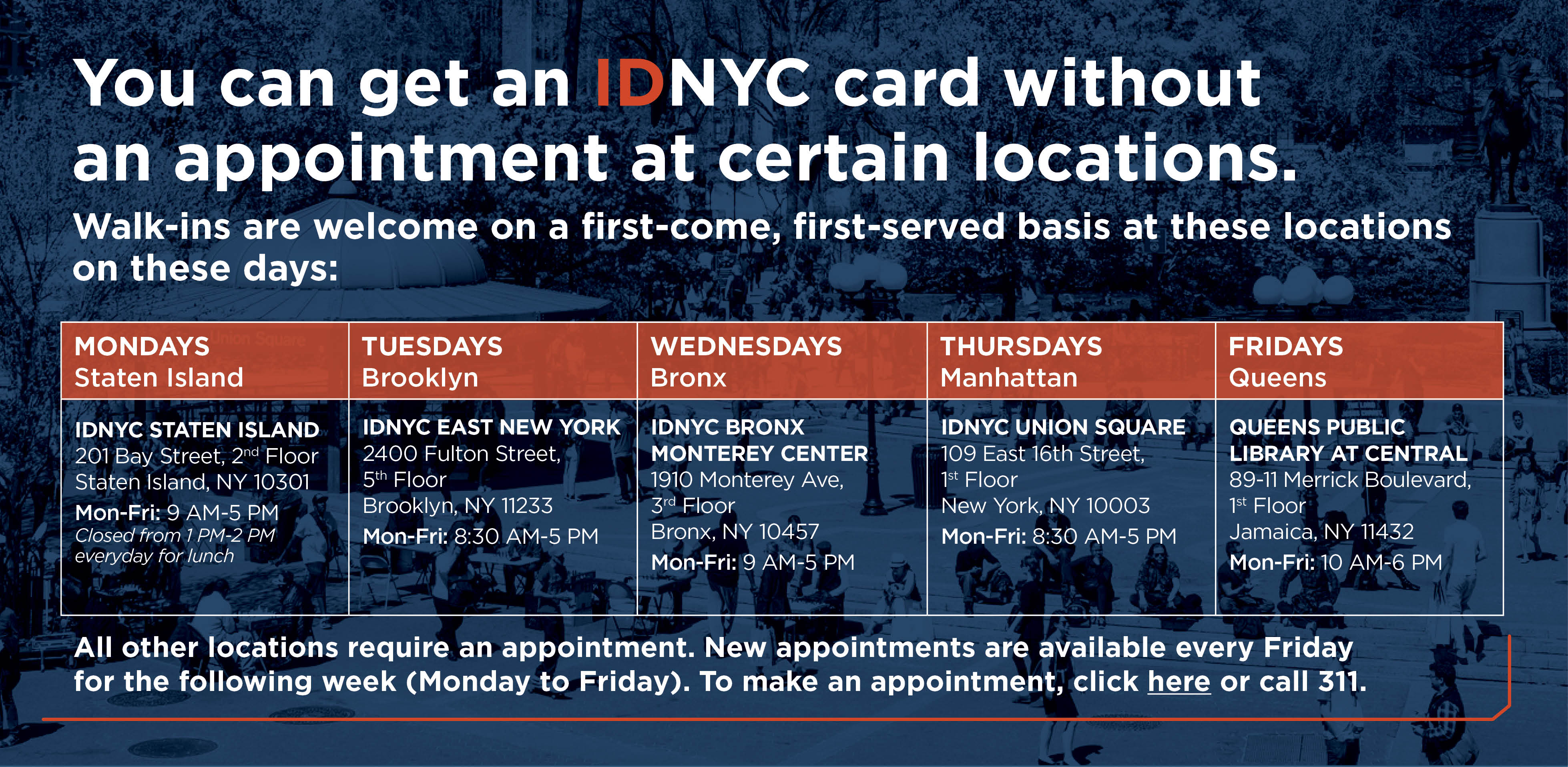 You can now get an IDNYC card without an appointment at certain locations
                                           