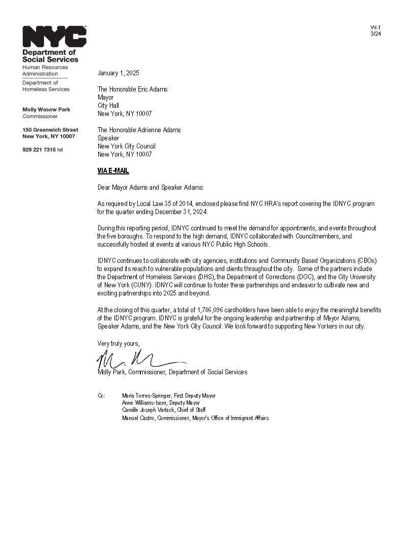 IDNYC Quarterly Report first page preview