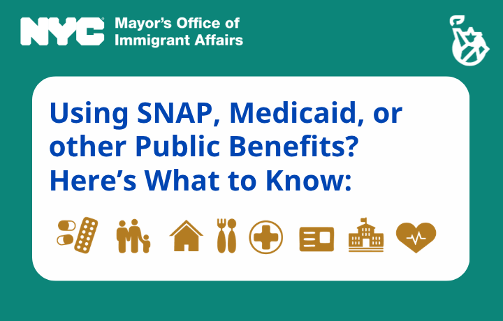 A graphic with MOIA's logo and MOIA's Statue of Liberty logo mark, with text. In the center, a row of icons represents pills, a family, housing, food, healthcare, a benefits card, a government building, and a heart with an ECG pulse line. 
                                           