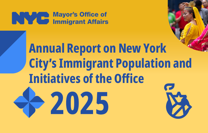 yellow background with blue text on stop. Image of statue of liberty on bottom right and image of cultural event on top right corner