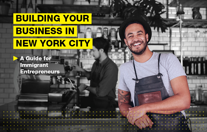 a hatted man leaning on the counter, texts read, building your business in n y c
                                           