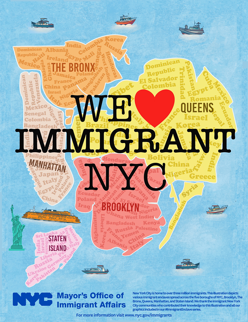 the five boroughs with names of countries written throughout the borough with We Heart Immigrant NYC written on the center of the image