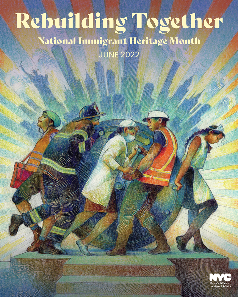 Immigrant Heritage month graphic depicting essential workers holding the City