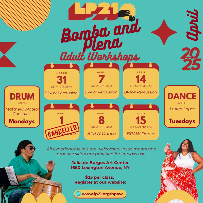 A flyer for dance classes. A woman dancing while a man plays instruments with the different events inside each date.