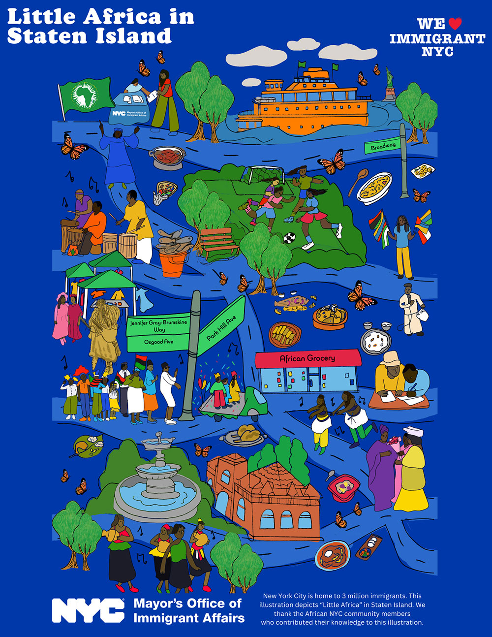 MOIA's Little Immigrant Enclave Illustration for Little Africa in Staten Island. This illustration features cultural dances, celebrations, and communities wearing traditional African clothing and accessories. There are many shops, markets, and African traditional foods
