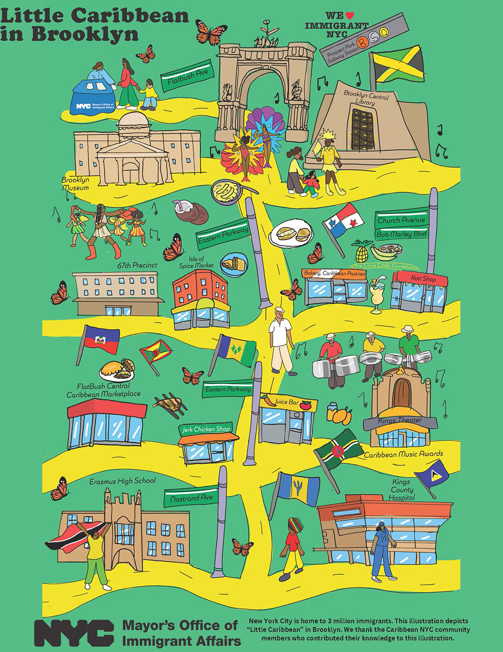 MOIA's Little Immigrant Enclave Illustration for Little Caribbean in Brooklyn. This features cultural dances, celebrations, and communities wearing traditional Caribbean clothing and accessories. There are many shops, markets, and Caribbean traditional foods. The graphic also has a library, museum, hospital.