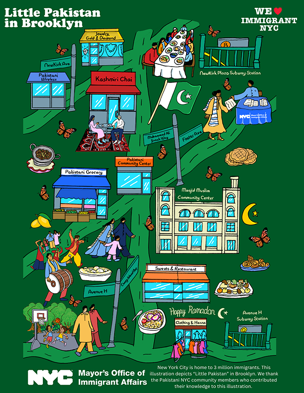A colorful, hand-drawn map titled "Little Pakistan in Brooklyn" depicts a lively neighborhood scene centered around a winding lime-green road on a dark green background. The illustration features local landmarks and businesses such as a jewelry store, Pakistani grocery, Kashmiri Chai cafe, and a "Sweets & Restaurant" shop, alongside the Masjid Muslim Community Center and the Newkirk Plaza and Avenue H subway stations. Cultural life is highlighted through depictions of people sharing a large meal, a "Clothing & Henna" shop with a "Happy Ramadan" sign, a drummer and dancers in traditional attire, and orange butterflies scattered throughout the frame. The graphic, created by the NYC Mayor’s Office of Immigrant Affairs, includes street signs for Coney Island Avenue and Foster Avenue, celebrating the vibrant Pakistani community and their contributions to the cultural fabric of New York City.