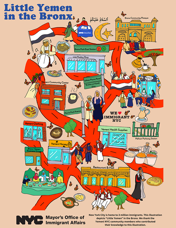 MOIA's Little Immigrant Enclave Illustration for Little Yemen in the Bronx. This features cultural dances, celebrations, and communities wearing traditional Yemeni clothing and accessories. There are many shops, markets, and Yemeni traditional foods. There is also a coffee shop opening with customers drinking coffee outside
