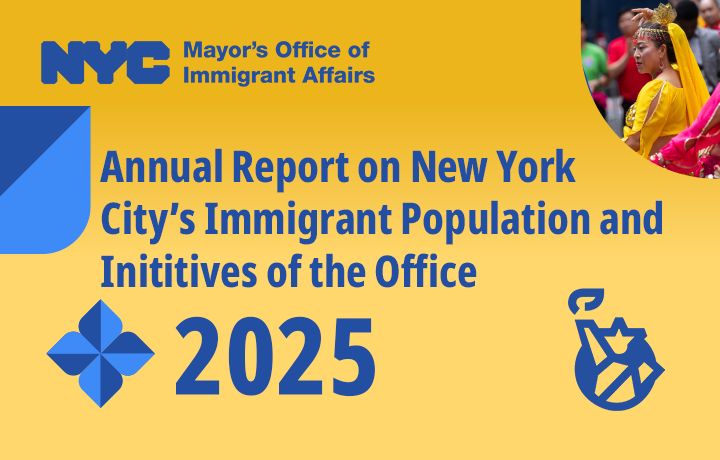 yellow background with blue text on stop. Image of statue of liberty on bottom right and image of cultural event on top right corner.
                                           