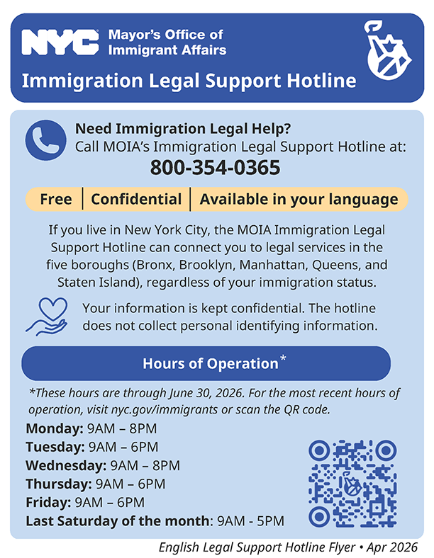 Screenshot of first page of MOIA's Immigration Legal Support Hotline Flyer.