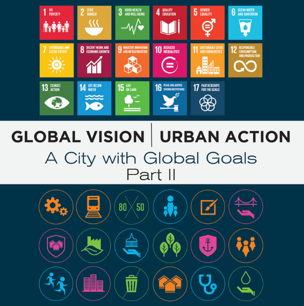 Colorful rows of boxes that symbolize the sustainable development goals. Text reads Global Vision Urban Action, A city with Global Goals Part 2