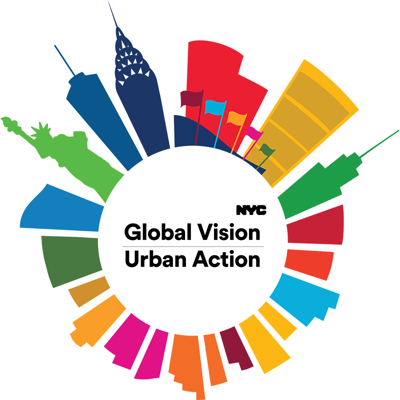 circular logo with colorful shapes of NYC skyline. NYC Global Vision Urban Action is written at the center of the circle