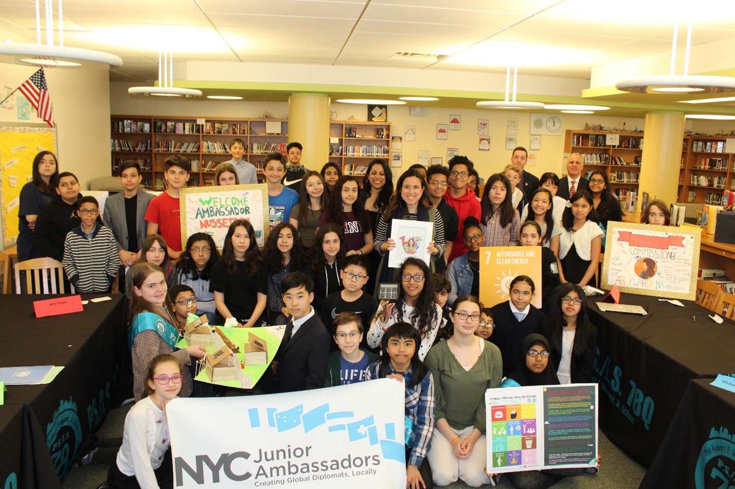 Ambassador Lana Nusseibeh (United Arab Emirates) visits a Junior Ambassadors classroom to talk about the importance of the United Nations and the SDG's (2019)