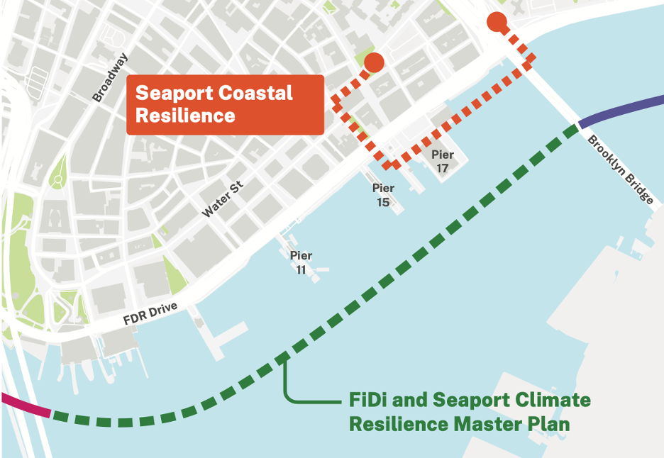 A map of Manhattan’s Financial District and Seaport neighborhoods showing the geographic span of Seaport Coastal Resilience in relation to the FiDi and Seaport Climate Resilience Master Plan.