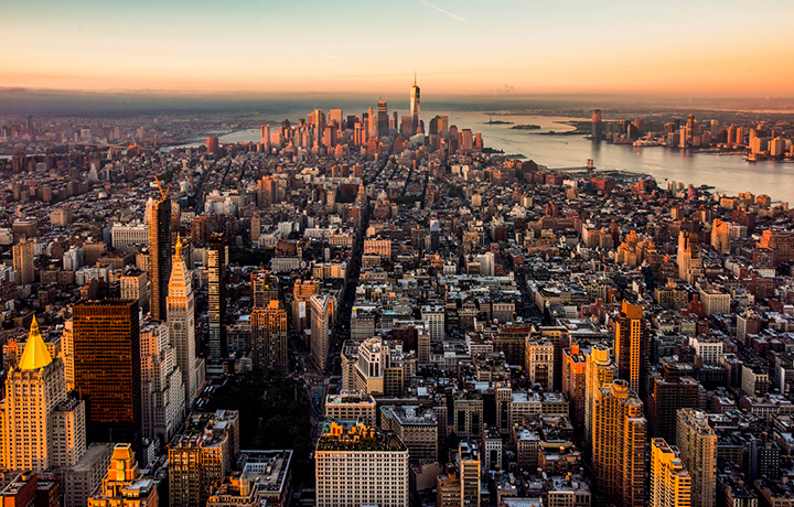 Photo: Julienne Schaer, NYC Tourism + Conventions. Aerial photo of New York City skyline
                                           