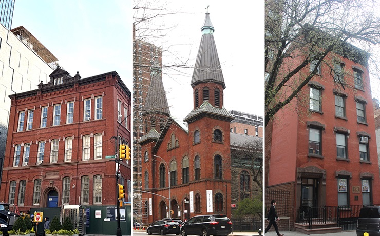 Color photo of three historic buildings: from left to right, a three story brick building, a church, and a four story brick building