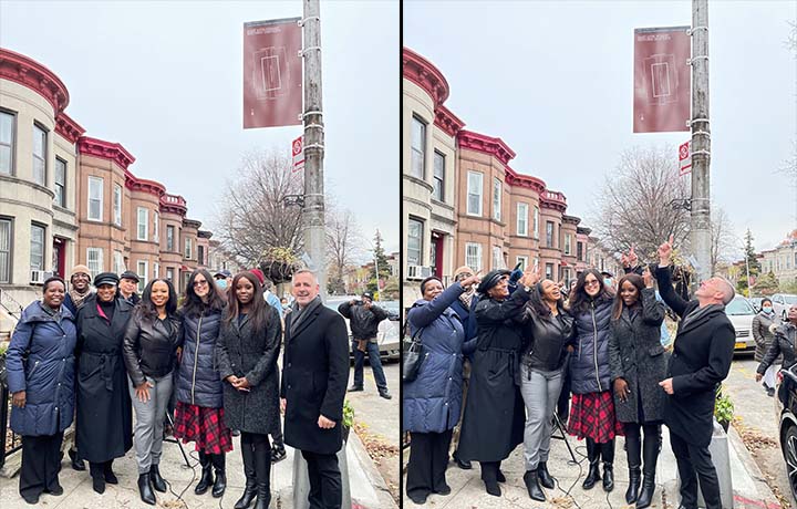New York City Landmarks Preservation Commission (LPC) Chair Sarah Carroll, New York Landmarks Preservation Foundation (NYLPF) Chair Tom Krizmanic, Council Member Farah Louis and residents of the East 25th Street in East Flatbush