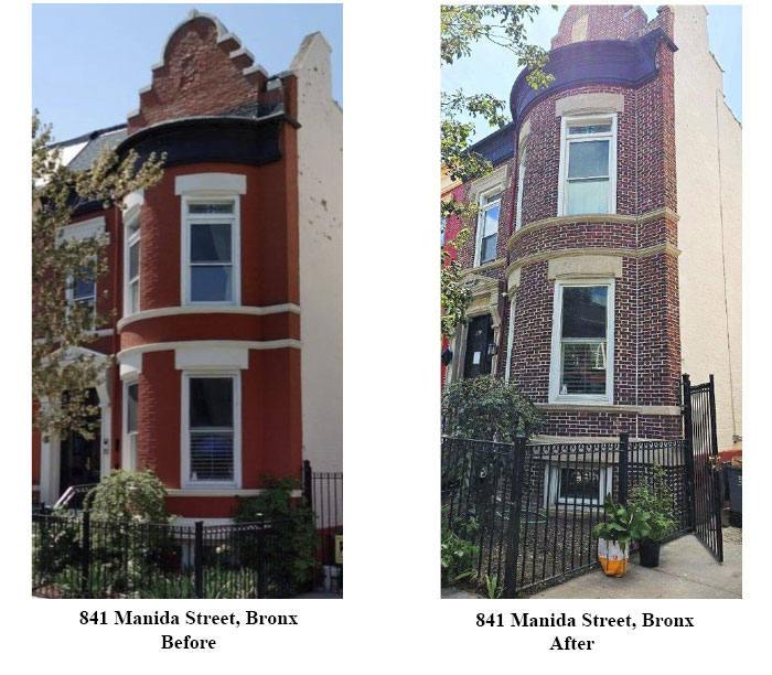 Before and after photo of a historic brick row home