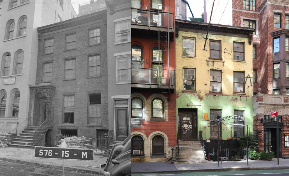 Two photos side by side. Left image: Circa 1940 black-and-white photo of a brick row house, with steps leading up to front door. Right image: Modern photo of the same brick row house, top two floors painted yellow and ground floor painted green, with steps leading up to front door.