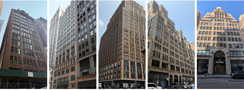 Five individual color photos of five historic midtown buildings