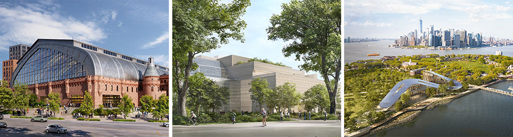 Three photos: on left, a rendering of historic armory building with newer buildings in the background, in the center a rendering of a museum building surrounded by trees and people, on the left, a rendering of an aerial view of building on Governors Island with Manhattan skyline in background