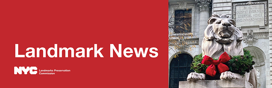 Red text box reading Landmark News, Eric Adams Mayor, and color photo of lion statue outside the New York Public Library, Stephen A. Schwarzman Building, with a holiday wreath wrapped around it