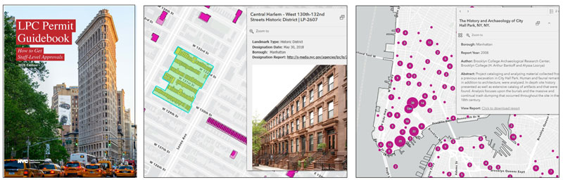 Three images – a cover image of New York City’s Flatiron Building with text reading “LPC Permit Guidebook,” and two images showing screen shots of online maps