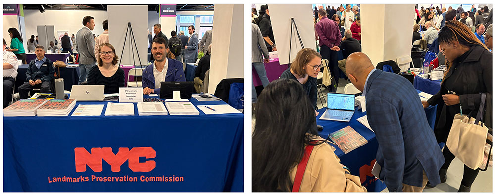 Two images: first shows wo smiling people seated at a table marked with LPC logo, second shows three people leaning over table looking at papers and a laptop while one woman behind the table speaks to them