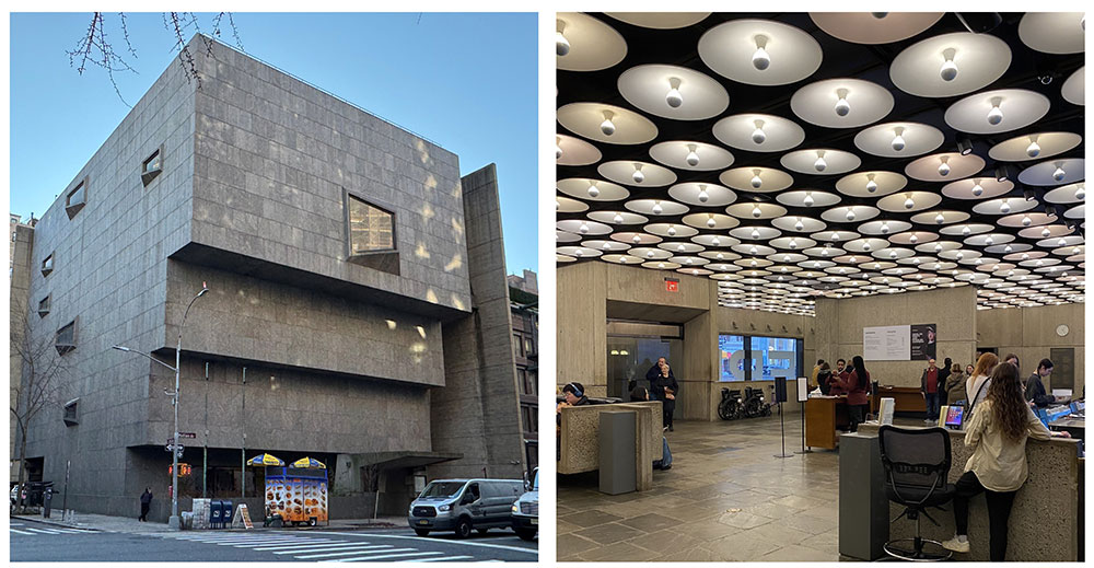 2 images: image on left shows modern granite and raw concrete building shaped like an inverted pyramid, image on right shows building’s lobby with stone floors and circular overhead lighting