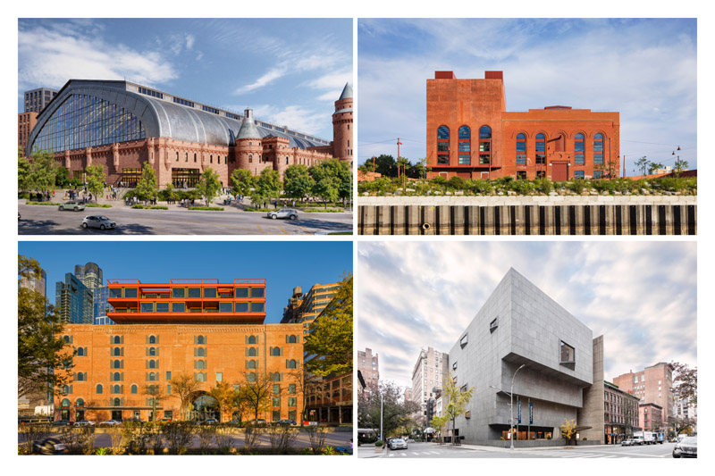 Three color images of historic buildings