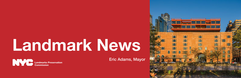 Red text box reading Landmark News, Eric Adams Mayor, and color photo of historic railroad storage building with addition at roof level