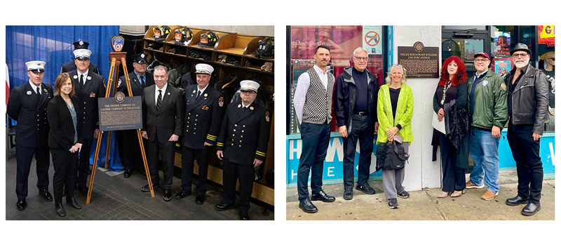 Image on the left shows a historic plaque resting on an easel with six people standing on either side, four of whom are wearing FDNY uniforms; Image on the right shows a historic plaque on a building facade with three people standing on either side.