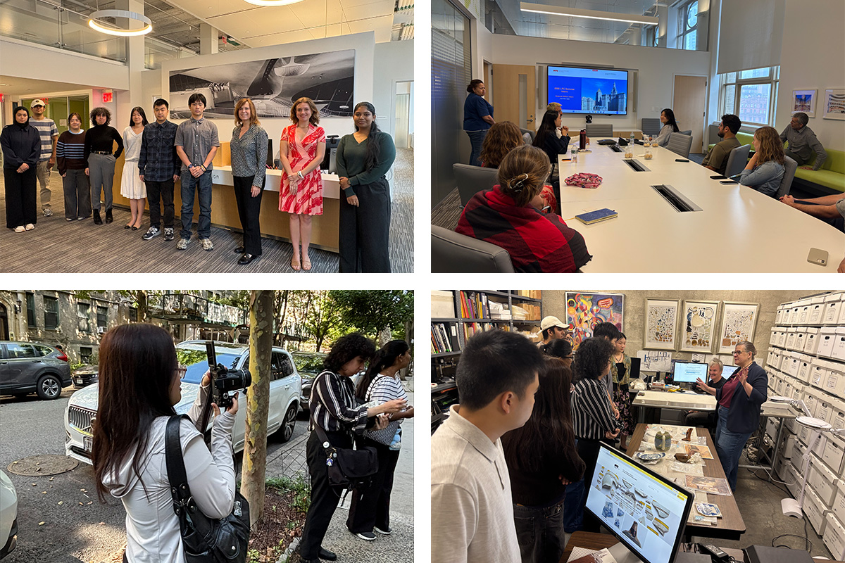Four color photos, clockwise from top left – nine smiling people standing in front of a long desk; group of people sitting at a long table with a presentation being shown on a screen at the front of the room; group of people standing in front of a table with artifacts listening to a person speaking; person taking a photo while two others stand nearby with historic homes and trees in the background