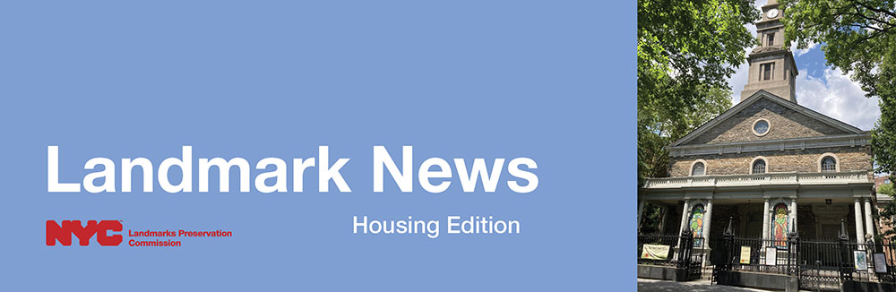 Light blue text box reading 'Landmark News' and 'Housing Edition' with LPC logo in the lower left corner