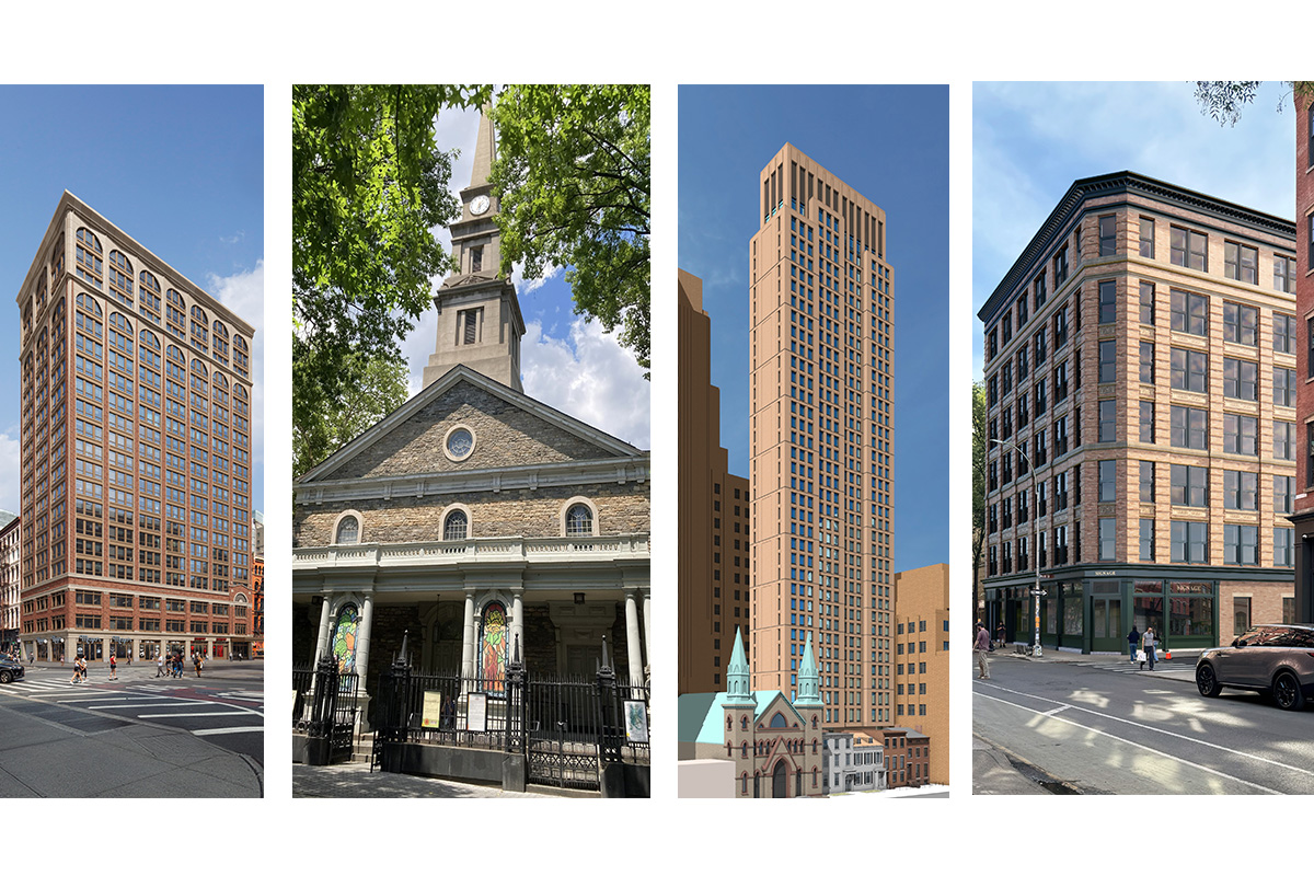 Four color images of buildings; left two images show renderings of buildings, one image is an overhead photo of a church, and the right-hand image is a rendering of a building.