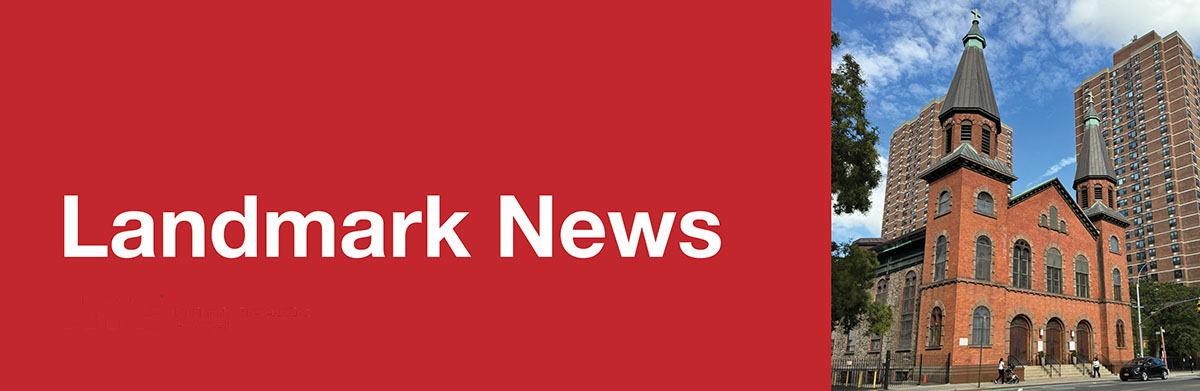 Red text box reading 'Landmark News' and color photo showing historic church