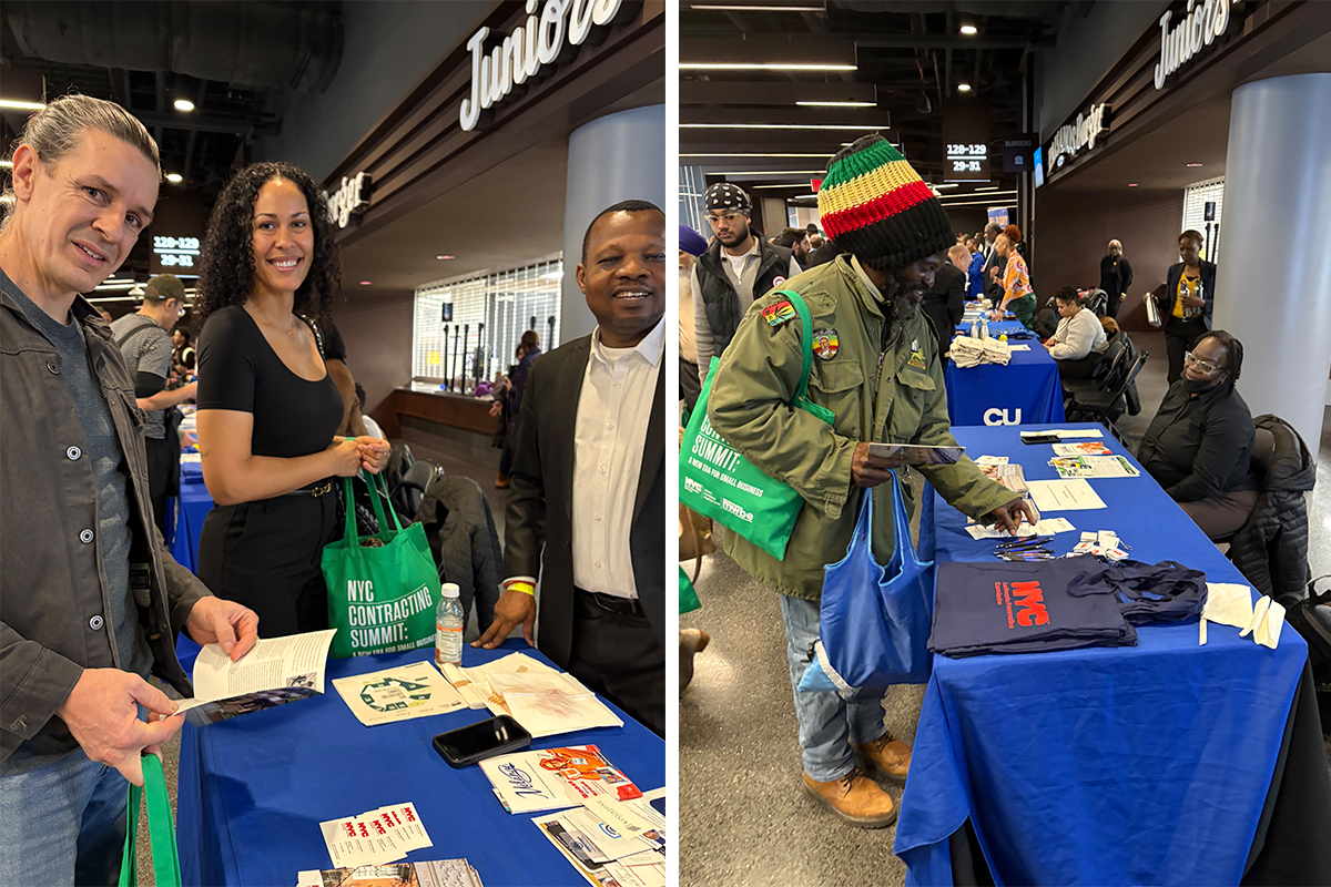 Two color photos showing smiling people standing next to a table with pamphlets and information about the agency 