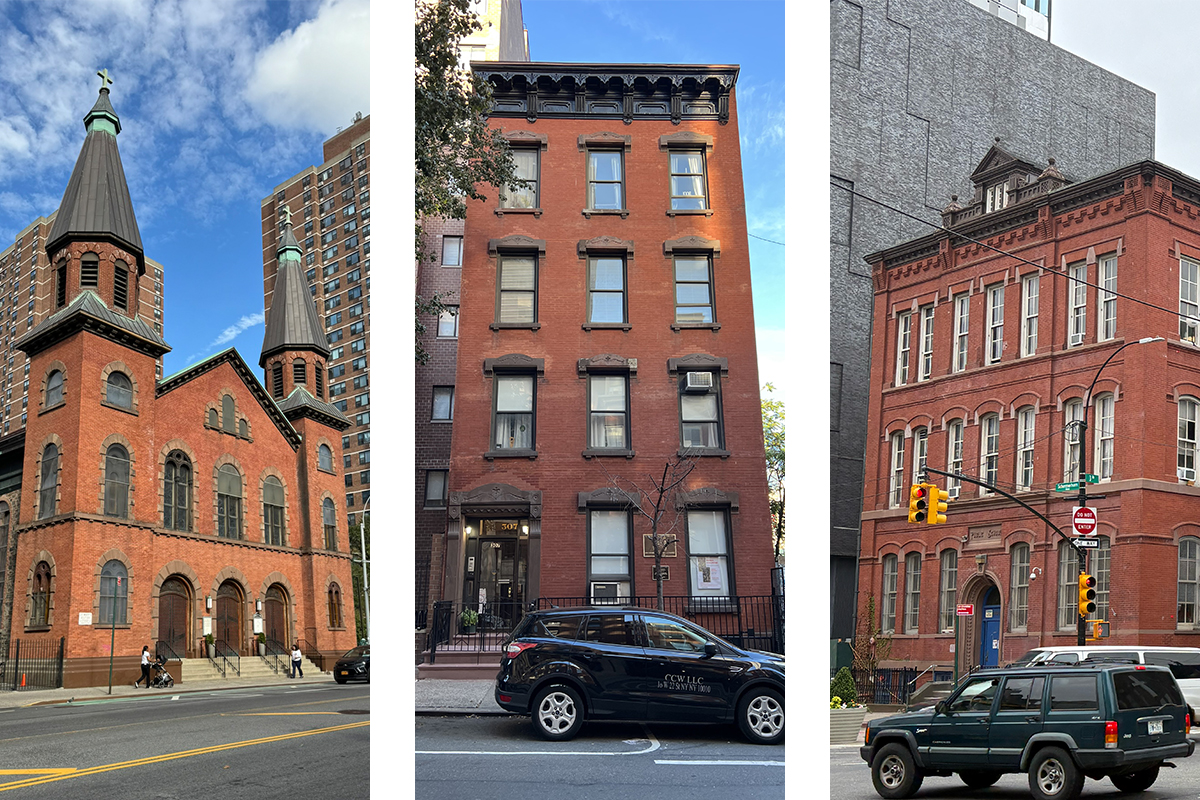 Color photos of three historic buildings: from left to right – a church, a four-story brick building, a three-story brick building