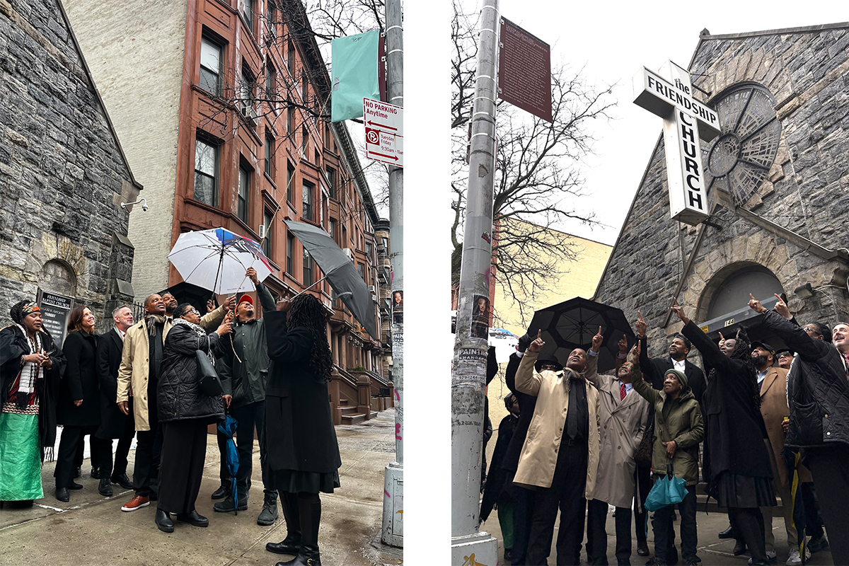 Two color photos: photo on left shows people looking at a covered marker with a string attached mounted on a lamp pole; photo on the right shows the marker on the pole now uncovered and smiling people pointing at it