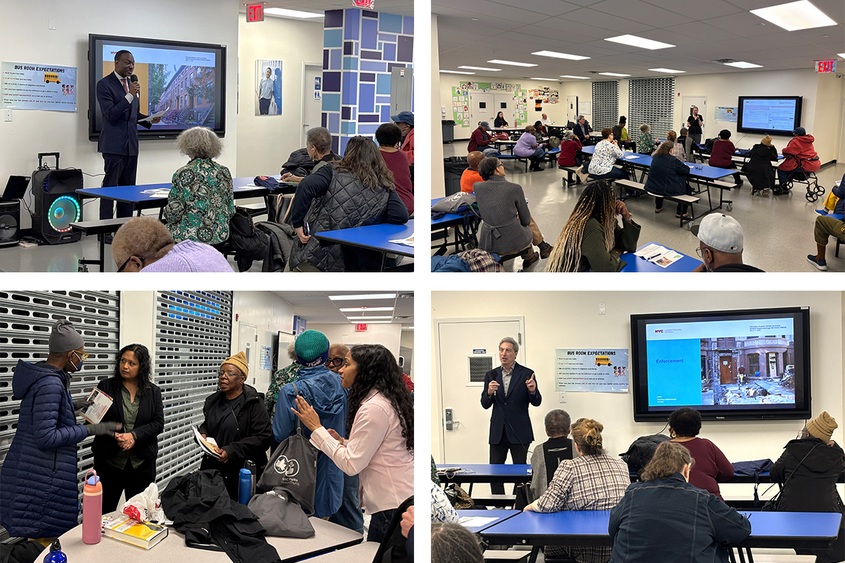Four color images showing people in a school cafeteria speaking to a group of people sitting at tables around the room