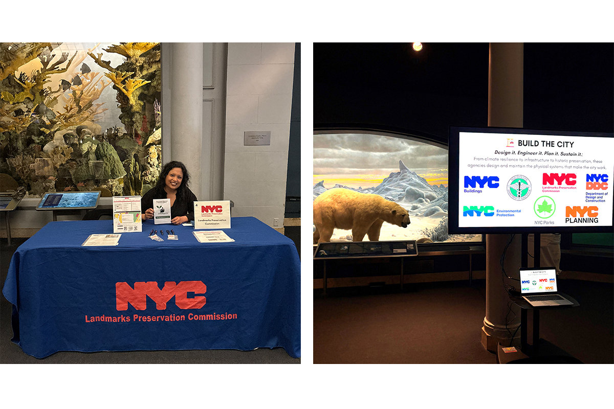 Two color photos - photo on left shows two smiling people standing next to a table that reads 'NYC Landmarks Preservation Commission'; photo on left shows person speaking to three other people and pointing to items on table