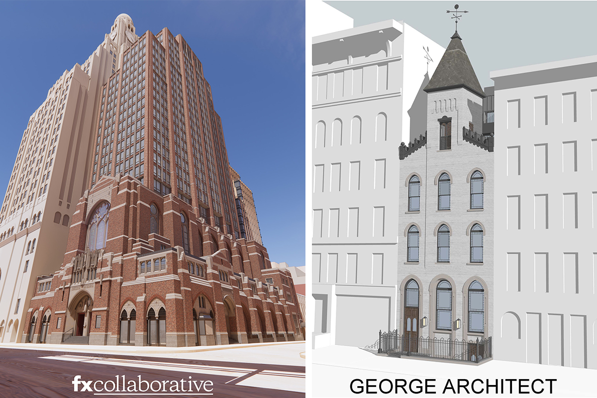 Two color graphics: rendering on left shows a church building with another building above; rendering on right shows a church building between two other buildings