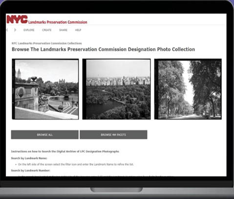 Web page showing black and white photos of Central Park and text that reads Browse the Landmarks Preservation Commission Designation Photo Collection