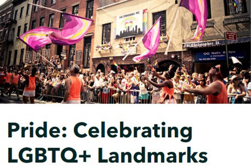 Pride Parade participants holding pink and yellow flags marching in front of the Stonewall Inn and text below says Pride: Celebrating LGBTQ+ Landmarks