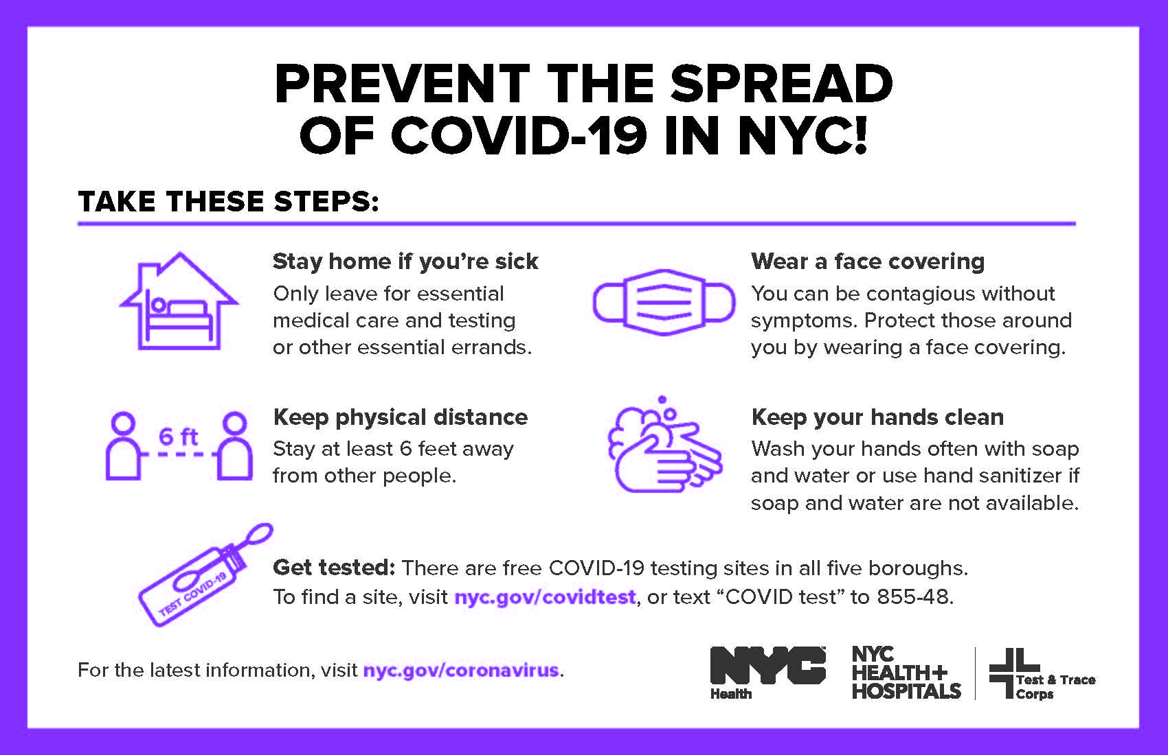 an Infographic with ways prevent the spread of covid-19 in NYC. Stay home if you're sick. Wear a face covering. Keep physical distance. Keep your hands clean. Get tested.