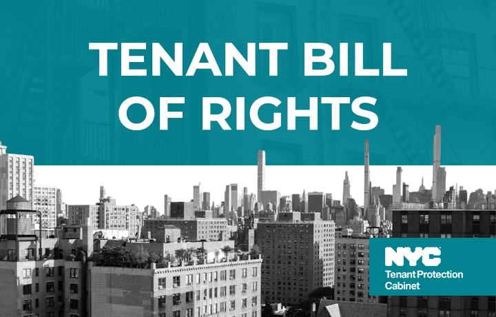 The top half of the graphic is teal with white text that reads, 'Tenant Bill of Rights.' A black and white image of N Y C buildings and skyline is below. The N Y C Tenant Protection Cabinet logo is in a teal rectangle in the bottom right corner. 
                                           