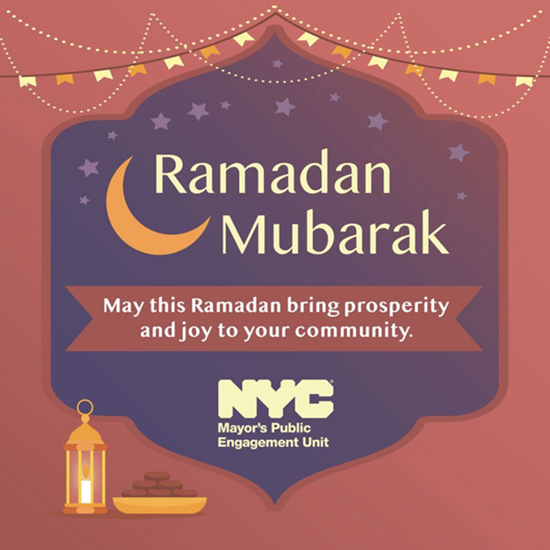 Graphic celebrating Ramadan, text reading Ramadan Mubarak - may this Ramadan bring prosperity and joy to your community.