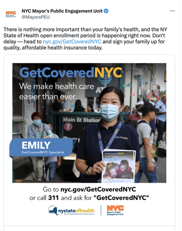 screen of a tweet, a woman holding GetCoveredNYC flyers and standing in front of #7 train Main Street Station