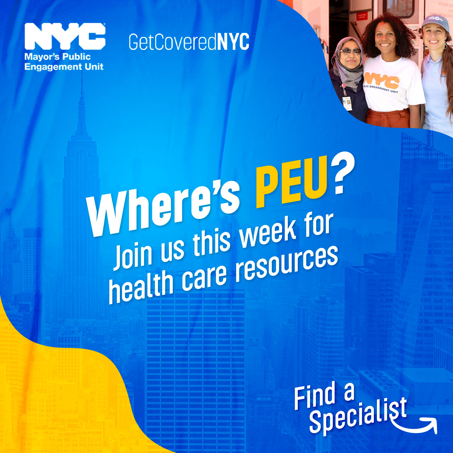 Graphic reads Where's PEU? Join us this week for health care resources. Find a Specialist